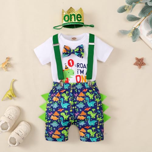 Baby Boy 1st Birthday Clothes Bow Tie Dinosaur Romper Pants Set Adjustable Y Back Suspenders Cake Smash Outfits2