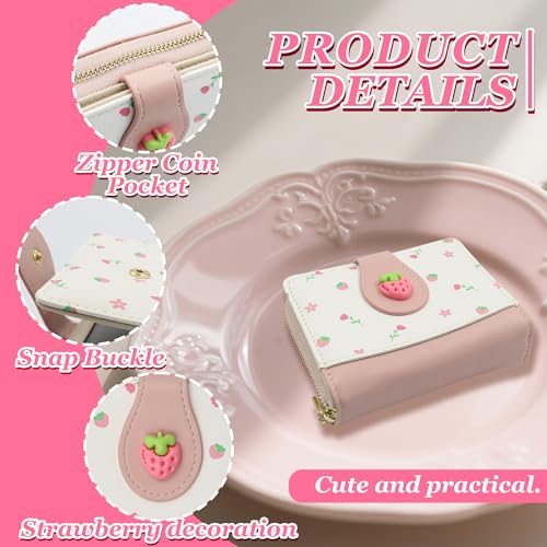 Cute Wallets for Women, Bifold Credit Card Holder, Small Leather Wallet with Coin Pouch, Pink Coin Purse with Strawberry, Ideal Gift for Adult, Women, Ladies (Strawberry)2