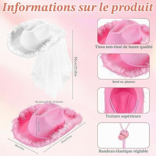 MALLOOM 12 Chapeau de cowgirl rose - Chapeau de cowboy rose pour femmes et adolescentes, chapeau de cowgirl amusant, cowgirl (Fil rose, blanc et argenté)