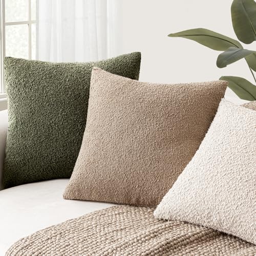 Image of Foindtower Set of 2, Decorative Textured Boucle Throw Pillow Covers Accent Solid Pillow Cases Neutral Soft Cozy Couch Cushion Case for Chair Sofa Bedroom Living Room Home Decor 16x16 Inch Moss Green