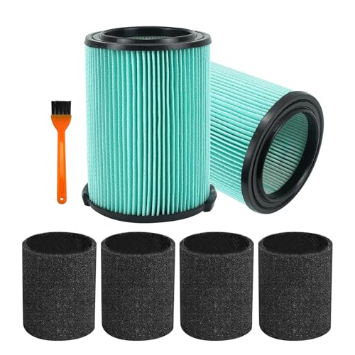 ATXKXE VF6000 Wet or Dry Replacement Filter for Ridgd 5-20 Gallon Vacuums WD5500 WD0671 WD6425 WD7000 WD1280 WD1851 WD1680 WD1956 RV2400A 4 pack Foam Sleeve 2 Pack VF6000 Filter and 1 Pack Brush