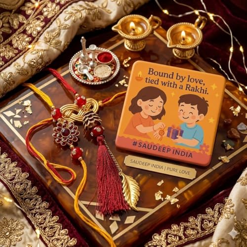 Image of SAUDEEP INDIA Decorative Fridge Magnet for Refrigerator Decor | Free Lumba Rakhi Set for Bhaiya Bhabhi | Raksha Bandhan Gift Combo | Cotton Thread Couple Rakhi Festive Gift Home Decor(Red Feather)