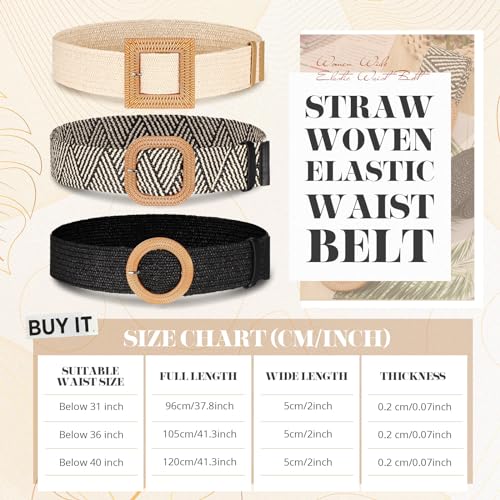 Image of Syhood 3 Pieces Straw Woven Elastic Waist Belt for Women Bohemian Dress Braided Belt