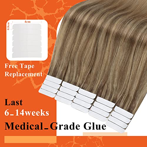 Image of Full Shine Tape in Hair Extensions Human Hair 14 Inch Balayage Hair Extensions Real Human Hair Tape in 50Grams 20Pcs 10 /16 /16 Highlights Golden Brown Mixed Golden Blonde Skin Weft Hair Extensions