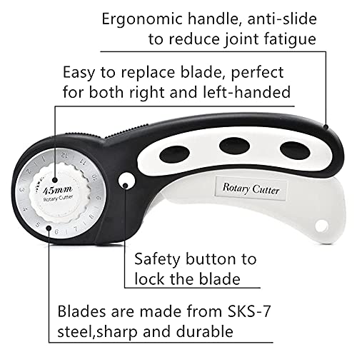 45mm Rotary Cutter with 7pcs Replacement Blades, Ergonomic Handle Rolling Cutter with Safety Lock for Fabric, Leather, paper, Crafting, sewing, Quilting, Perfect for Left & Right Hand(Black)