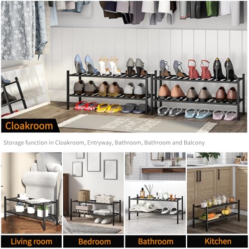 Image of Shoe Rack, 2-Tier Bamboo Stackable Shoe Shelf Storage Organizer, Shoe Stand for Closet, Entryway and Hallway