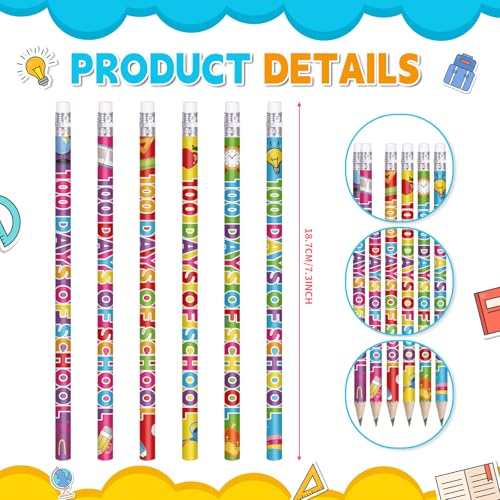 emzrivo 100 Days of School Pencils Happy 100th Day of School Pencils Colorful Pencils First Day of School Pencils Inspirational Pencils Novelty Pencils for Student Teacher, 6 Style (24)