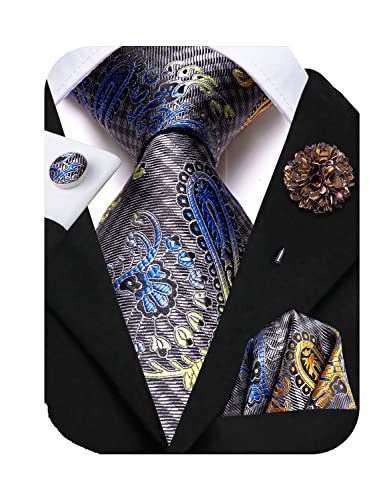 Image of Hi-Tie Blue Grey Ties for Men Silk Paisley Men's Ties and Flower Lapel Pin Set Pocket Square Cufflinks 4PCS Necktie for Wedding