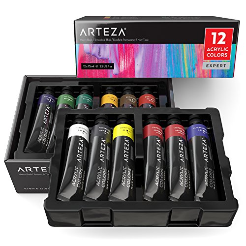 ARTEZA Expert Acrylic Paint, Set of 12 Colors/Tubes, 75ml/2.53 oz with Storage Box, Heavy Body, Smooth & Thick, Rich Pigments, Non Fading, Non Toxic Paints