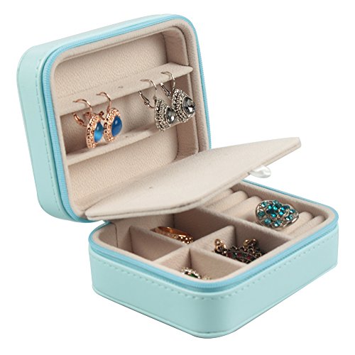 Preisvergleich Produktbild Soleebee Kleine Tragbare Reise Schmuckkästchen Aufbewahrungstasche Pu-leder Schmuck Box Schmuck Organizer für Ohrringe Halsketten Ringe mit Spiegel (Blau)