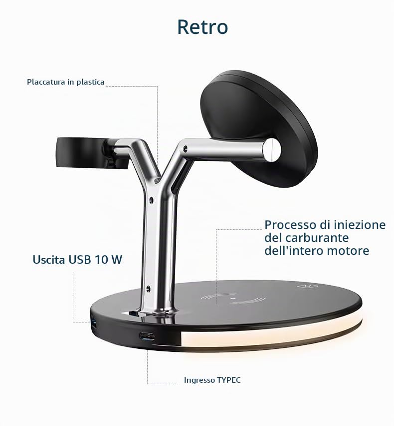 Stazione di Ricarica Wireless 3 in 1 Magnetica, Caricabatterie per Smartphone, Smartwatch e Auricolari, Lampada LED Touch da Scrivania