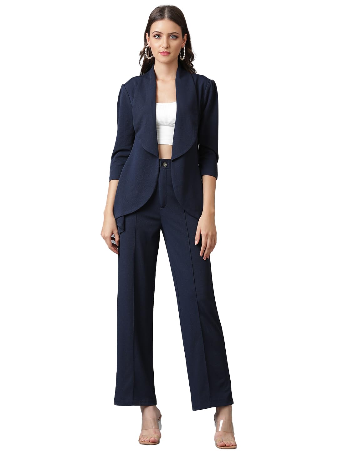 Women's Solid Relaxed Fit 3/4 Sleeve Co-ord Blazer and Trouser Set.-image-45