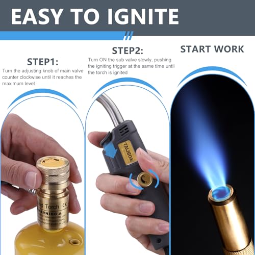 Image of Propane Torch Kit with 4.9-Ft Hose, Adjustable Flame for HVAC | Brass Blow Torch Head 2527F, Propane & MAPP Gas Compatible, Self-Igniting for Easy Startup