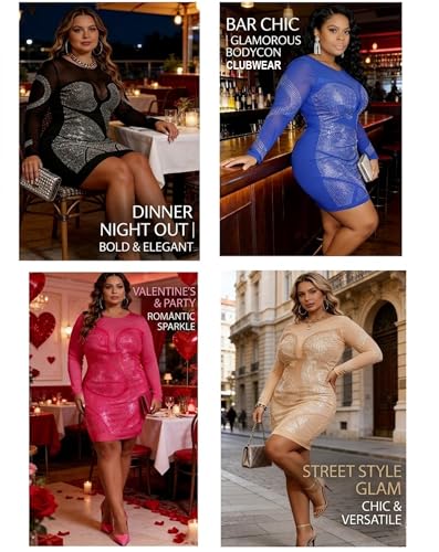 Image of IyMoo Womens Sexy Plus Size Long Sleeve Rhinestone Mesh See Through Bodycon Party Club Mini Dress Clubwear