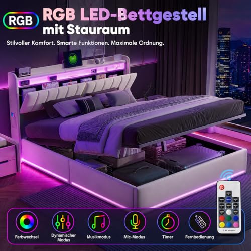 Miniatura 3 de Brilverde Cama 140x200 Cm Con Almacenaje Hidráulico, Cama Matrimonial Con Toma Usb Y Luz Led, Con Cabecero Acolchado Y Base De Láminas, Terciopelo Grey, 140 X 200 Cm