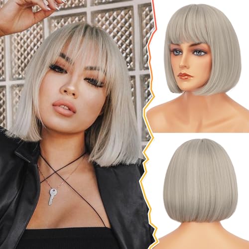 BARSDAR Grey Wig with Bangs, 12 Inch Short Gray Wig Straight Bob with Bangs for Women's Short Bob Wigs, Natural & Soft