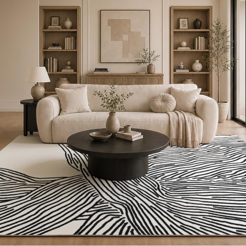 YIHOUSE 8×10 Ft Washable Rug, Black and White Abstract Area Rug for Bedroom Living Room Dining Room Office Playroom Nursery, Ultra Thin Nonslip Modern Large Rugs Soft Contemporary Striped Rugs