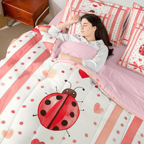 Image of Cute Ladybug Comforter Set 7 Pcs Polka Dots Heart Graffiti Girly Bedding Sets Watercolor Pink Stripes Bowknot Bed in a Bag with Comforter Flat Sheet Fitted Sheet 2 Pillowcases 2 Pillow Covers,Full