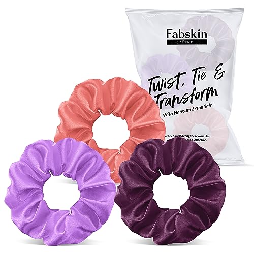Image of Fabskin Luxury Satin Scrunchies For Women and Girls | Stylish & Cute Hair Accessories Ties Scrunchies Ponytail Holders | Pack Of 3 (Dark Purple, Peach & Wine)