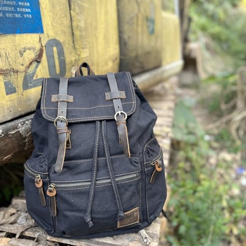 High Capacity Canvas Vintage Backpack - for Hiking Travel 12-15.6" Laptop Backapcks for Men Casual Daypacks Rucksack(L-Black) by Augur - Image 7