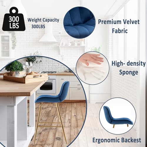 Image of Sidanli Blue Bar Stools Set of 2, 24 Inch Velvet Counter Height Bar Stools with Footrests, Modern Bar Chairs for Home, Kitchen Island, Dining Room
