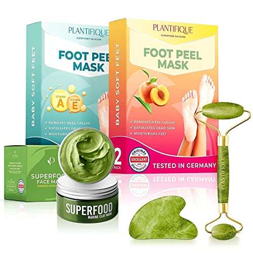 Plantfique Beauty Bundle - Peach Foot Mask, Vitamins Foot Mask, Clay Mask, Jade Roller Set