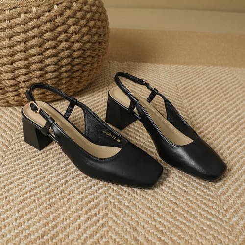 Women's Square Toe Leather Chunky Heel Slingback Formal Pumps Shoes,Comfortable Closed Toe Slip-On Adjustable Ankle Strap Block Heel Dress Shoes,for Wedding Party Dinner3