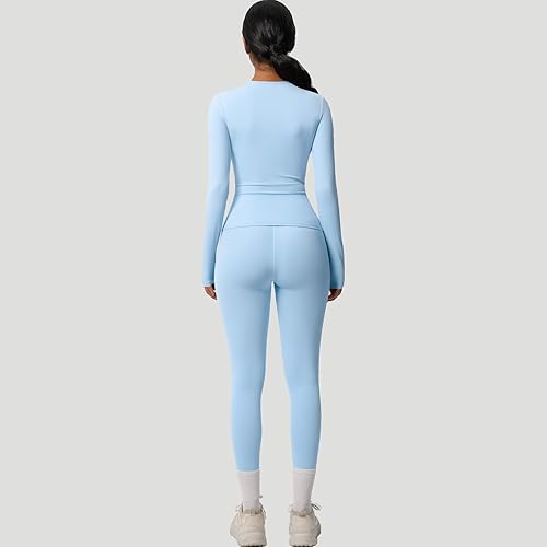 Miniatura 5 de Conjunto de entrenamiento de 2 piezas para mujer, camiseta deportiva de manga larga y leggings de cintura alta