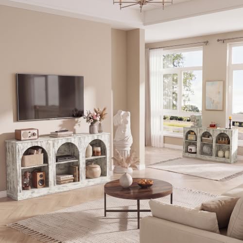 Image of Tribesigns Farmhouse Console Table Set of 2, Extra Long Entryway Table with 3 Tier Storage, Wooden Rectangular Sofa Table Behind The Couch for Entrance, Hallway, Living Room, Distressed White