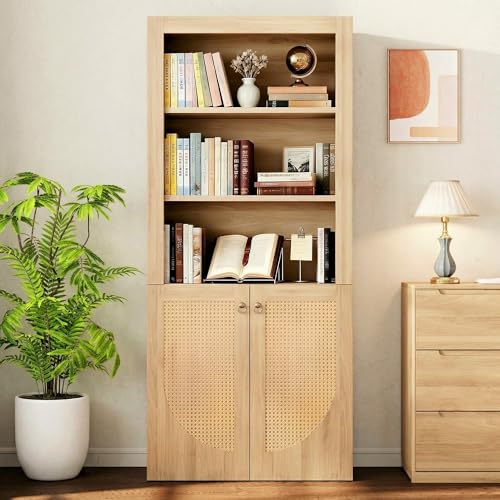 LIKEMET 70.9 Inch Rattan Bookcase 5-Tier Boho Bookshelf with Doors Tall Farmhouse Bookshelf Versatile Storage Cabinet for Living Room Kitchen Home Office Oak