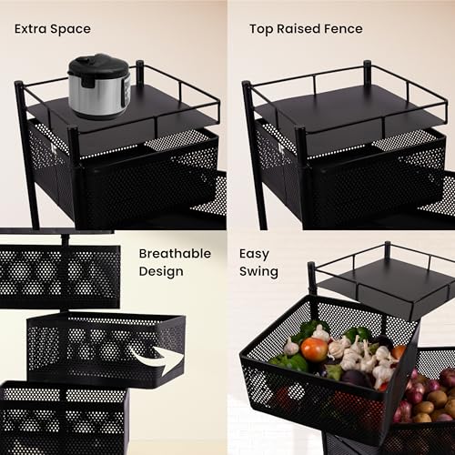 Image of KITCHIVO Kitchen Storage Rack | Revolving Vegetable Rack | Square Multipurpose Storage Trolley with Wheels | Metal Fruit Rack (Black, 4 Layer)