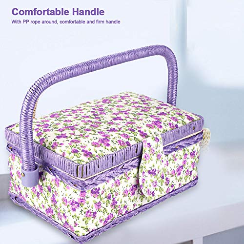 Large Sewing Basket, Vintage Sewing Tool Organizer Box For Storing Needles Thread, Sewing Basket With Handle & Removable Tray, Flower Pattern,Purple #TOP7
