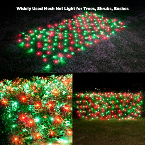 Image of Led Net Lights Christmas Lights Outdoor 200Led 9ftx6ft Upgraded Red and Green Christmas Net Lighting, Waterproof 5mm LED Wide Angle Outdoor Indoor Mesh Net Light for Trees, Bushes, Shrubs Decorations