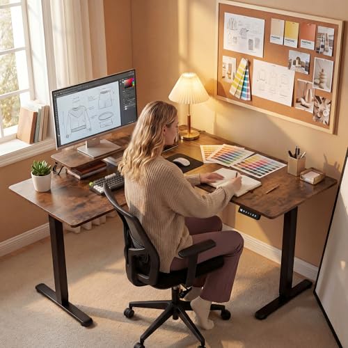 Image of Furmax 63 x 47 Inch L Shaped Standing Desk with 2 Preset Heights, Electric Height Adjustable Computer Desk, Corner Sit Stand Desk for Home Office, 2 Hooks & Feet Balance (Rustic Brown, 63 x 47 Inch)