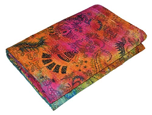 YUVANCRAFTS Traditional Mukut Print Kantha Quilt Handmade Pure Cotton Tie Dye Print Kantha Quilt Queen Blanket Bedspreads Throw