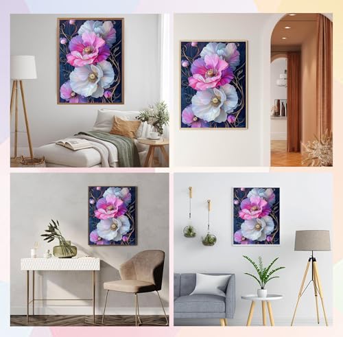 Image of QENSPE Diamond Painting Art Kits for Adults, DIY Pink & White Flowers Full Drill Diamond Art for Beginners, 5D Round Diamond Dots Paintings Gem Art Crafts Home Wall Decor Gifts 30x40cm