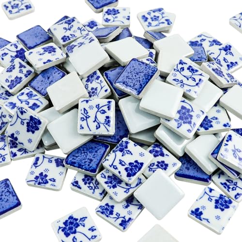 Yatinkim 121 piezas de azulejos cuadrados de porcelana de 1 x 1 pulgada, mosaico de cerámica, piezas azules y blancas, arte artesanal, hogar, casa, baño, jarrón, piso, piscina, macetas, decoración