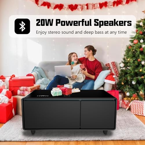 LIVTAB Smart Coffee Table, Living Room Table with Built in Fridge, 23" D x 41.5" W x 18.1" H, Smart Table with 10W Wireless Charging, USB Chargers and 110V Outlet