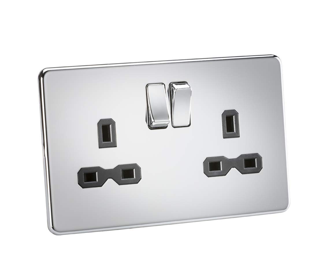 Knightsbridge Polished Chrome Sfr9000pc Twin Screwless 13A 2G Dp Switched Socket- With Black Insert, 230 V