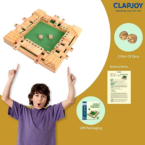 Image of Clapjoy Shut The Box Dice Game for Kids & Adults [4 Sided Large Wooden Board Game, 2 Dice + Repeat Scorecard Usage] Educational Math Learning Toy, Table Top Game for The Party Family