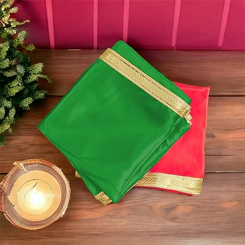 Image of Multi-Purpose Pooja Cloth for Mandir - Green & Red Cloth for Worship, Religious Ceremonies, Goddess Chowki Aasan, and Puja Ghar Use