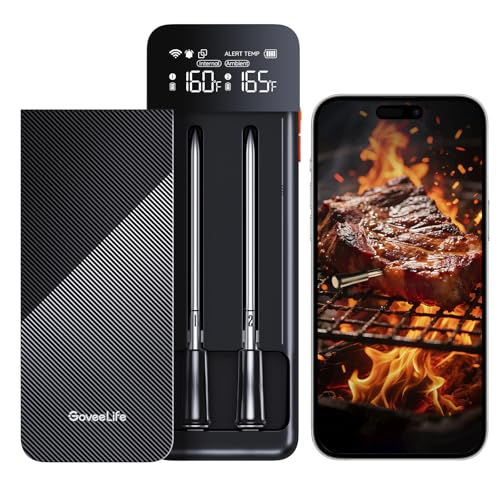 GoveeLife Digital Meat Thermometer Wireless 2 Probes with WiFi Bluetooth, Food Thermometer for Cooking, Long Range Monitoring, Rechargeable Base, APP Alerts Recipes for BBQ, Oven, Grill, Smoker