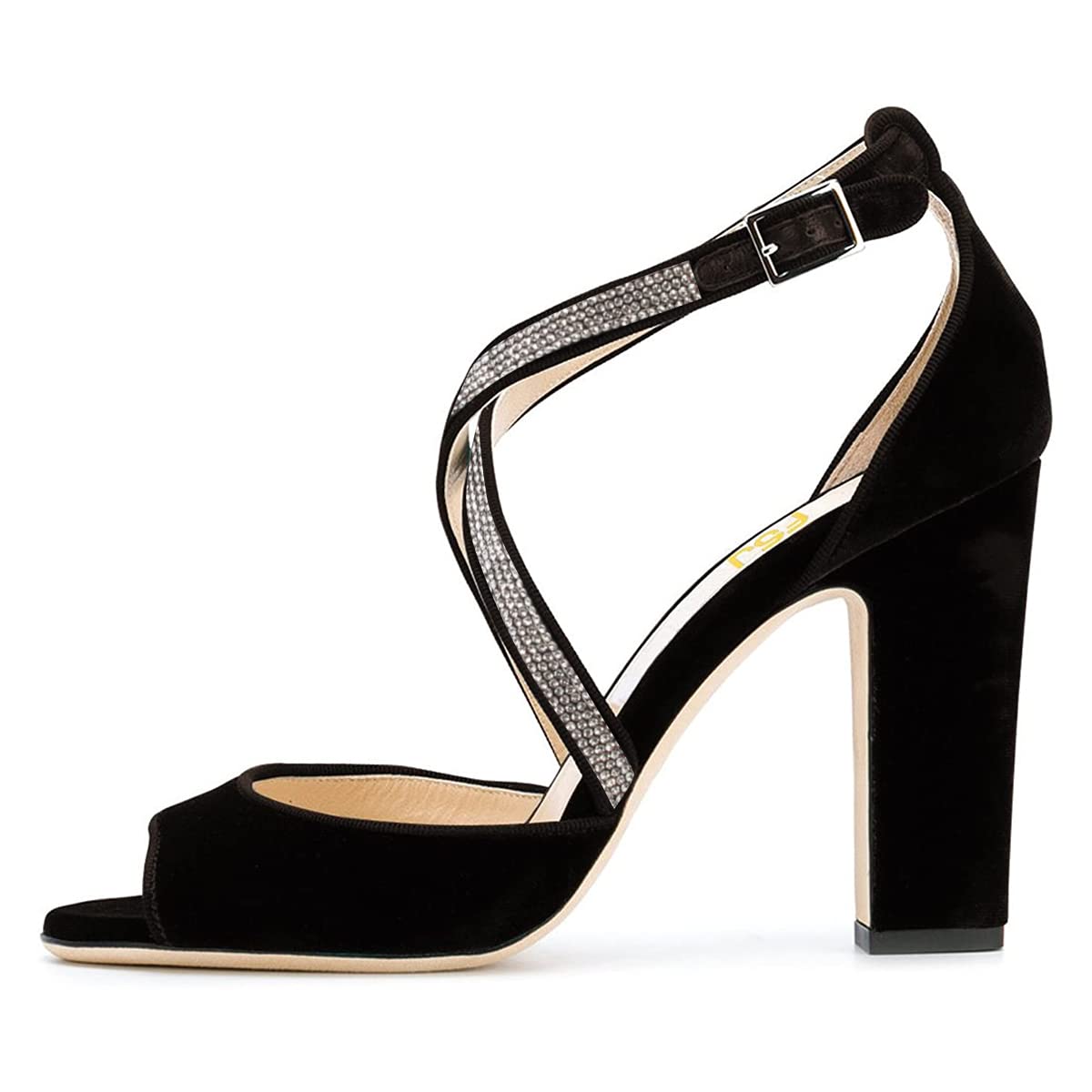 FSJ Women Elegant Peep Toe Sandals Chunky High Heel Pumps Cross Strap Velvet Suede Dress Pumps Size 4-15 US: 10 Black-rhinestone 2