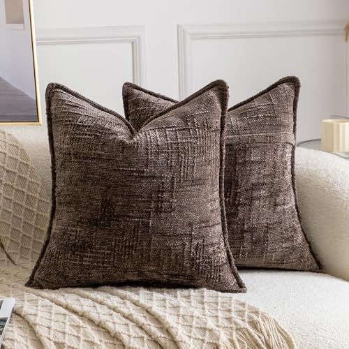 Image of MADIZZ Pack of 2 Chenille Throw Pillow Covers 16x16 Inch Dark Taupe Soft Neutral Decorative Throw Pillows for Couch Sofa Boho Accent Cushion Covers Modern Farmhouse Home Decor for Bedroom Living Room