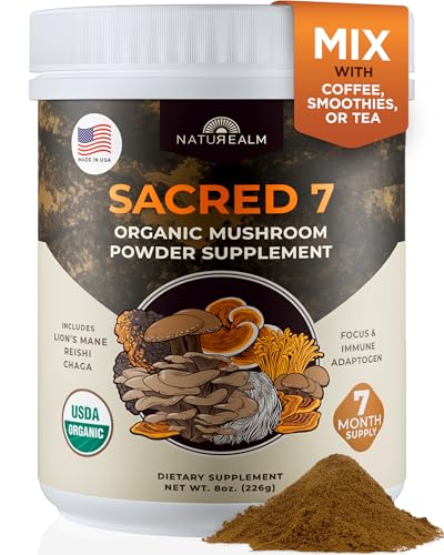 Sacred 7 Mushroom Powder Supplement, 7-in-1 Blend (7 Month Supply) | Immune Defense, Focus & Energy Support | Coffee Enhancer | Lion’s Mane, Reishi, Chaga | Organic 100% Fruiting Body Extract