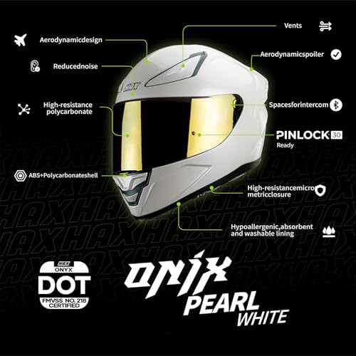 Image of HAX Onix Full Face Motorcycle Helmets DOT Approved, Pinlock Ready & Intercom Slot , Motorbike Powersports Street Racing for Men Women(Pearl White, L)