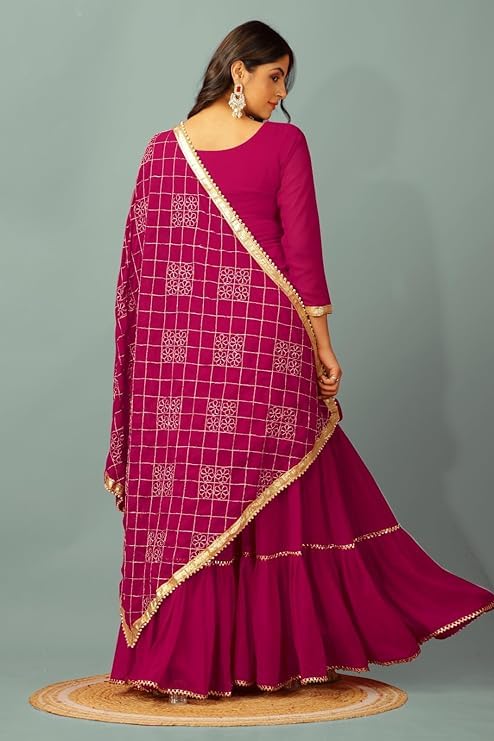 Image of Women's Designer Chinon Silk Sharara Suit Set, Sequence Embroidery Kurti with Tiered Sharara and Dupatta