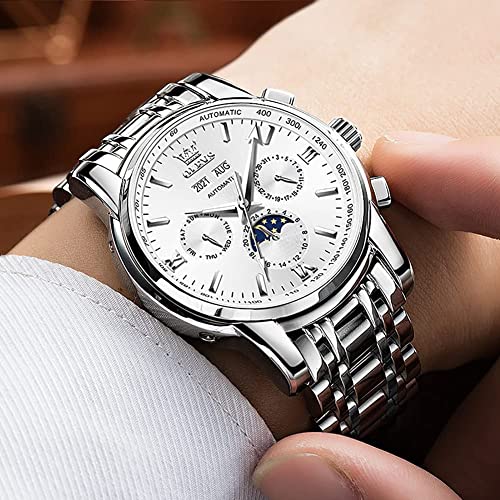 Image of OLEVS Automatic Men Watch Self Winding Mechanical Luxury Dress Moon Phase Stainless Steel Waterproof Luminous Calendar Wrist Watch