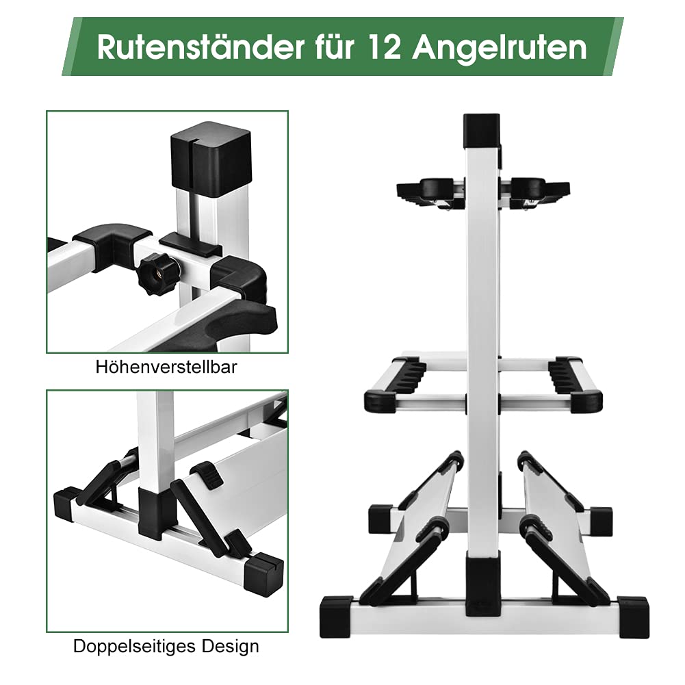 Wakects Leichter Angelrutenständer, Fishing Rod Storage Rack für 12 Ruten, 44,5 x 50 x 32,5 cm, Schwarz + Silber