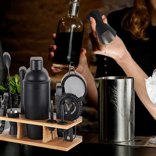 OBALY Bartender Kit - 11-Piece Cocktail Shaker & Muddler Set with Bamboo Stand - 25oz Boston Shaker - Includes Recipe Booklet